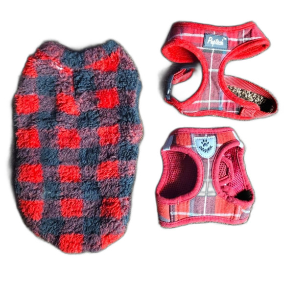 Buffalo Plaid Small Dog Sweater & 2 Pupteck Harnesses Red Plaid Paw Shield XS/S - Picture 1 of 10